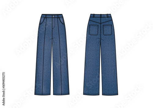 Women Fashion Denim Jeans With Seam Details & Wash Effect, Front & Back view, fashion flat sketch, Editable Flat Technical Drawings Illustration, Dress Mockup, dress CAD