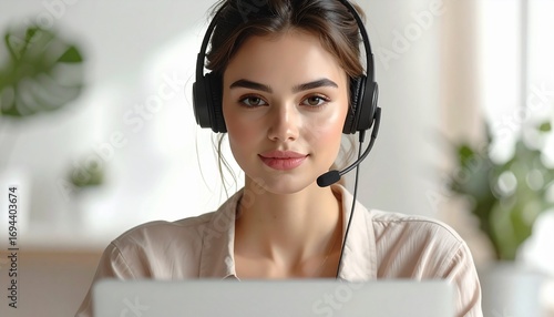 Portrait of a friendly and professional young woman wearing a headset, working as a customer service representative or call center agent online