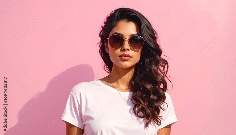 custom made wallpaper toronto digitalConfident and stylish young woman with long wavy hair wearing sunglasses and a white t-shirt, posing against a solid pink background