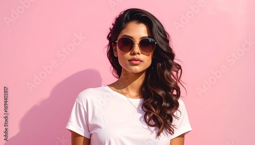 Wallpaper Mural Confident and stylish young woman with long wavy hair wearing sunglasses and a white t-shirt, posing against a solid pink background Torontodigital.ca