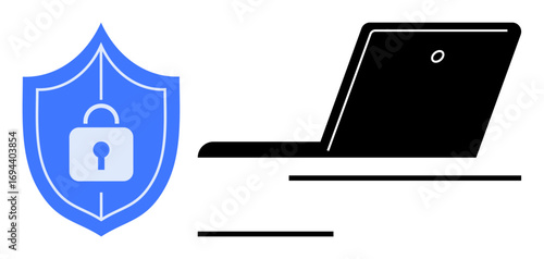 Shield with padlock beside a laptop symbolizes cybersecurity, data protection, encryption, and online safety. Ideal for technology, internet privacy, secure systems, IT services, finance remote