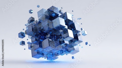 3D abstract cubic structure of interconnected blue and metallic cubes with glowing particles, floating deconstruction effect symbolizing data, blockchain, and futuristic technology