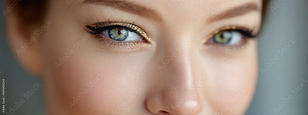 Fototapeta premium Stunning close-up of a woman's eyes showcasing intricate makeup details during a beauty session at a cosmetics studio