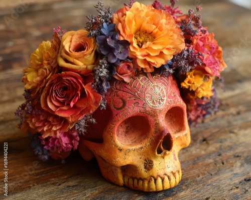 Festive Day of the Dead sugar skull with symmetrical floral details and golden highlights. Crown of roses and cempasúchil flowers, warm tones, cultural celebration photo. Vertical composition