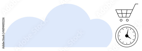 Light blue cloud with shopping cart and clock emphasizes digital commerce, automated services, and time management. Ideal for technology, e-commerce, cloud storage, process optimization, online