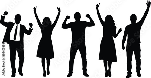 Silhouettes of happy people celebrating success, jumping, raising hands, joyful team, winning moment, business achievement, isolated on white, flat vector illustration