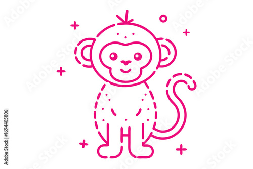 Pink outlined monkey stands sweetly amidst plus shapes and a circle