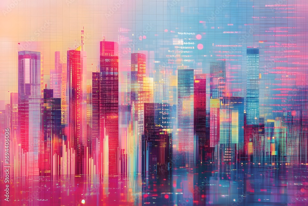Obraz premium A vibrant digital cityscape with glowing data streams and bar graphs, 