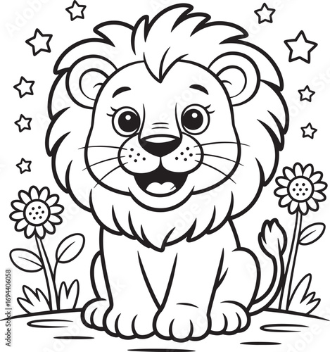 Cute cartoon lion sitting with flowers and stars outline drawing animal