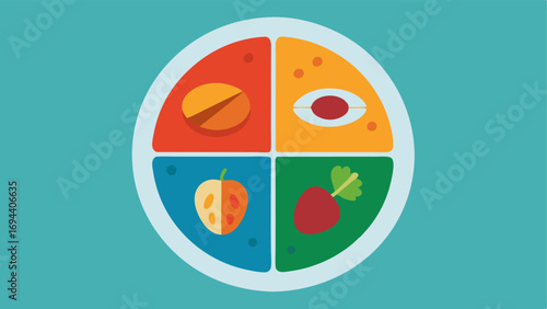 Balanced Plate with Genetic Icons A balanced meal plate divided into sections each labeled with icons representing macronutrients and genetic traits.