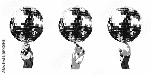 Three stylized hands balancing disco balls on white background in a graphic art style