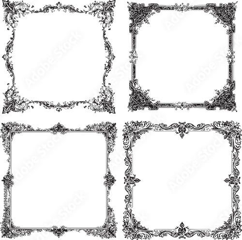 Vector art of four decorative vintage frames with floral designs