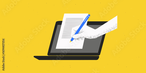Hand writing on a document placed on a laptop screen with a blue pen on a yellow background