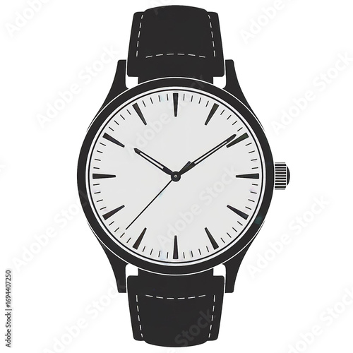 Minimalist black and white analog watch with leather strap in vector illustration