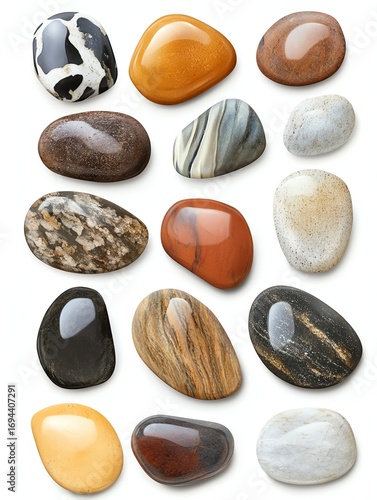 Assorted polished stones arranged symmetrically, showcasing natural patterns and earthy tones for decorative use.