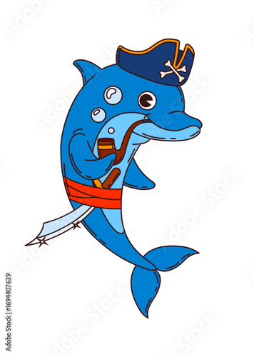Cartoon shark pirate or corsair fish character of ship crew, vector animal personage. Caribbean pirate shark in captain tricorne hat with crossbones, smoking pipe and corsair saber or sailor sword