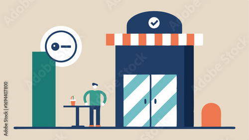 Elevator Access An illustration of a cafe with an elevator symbol indicating access to upper levels and a customer using the elevator.