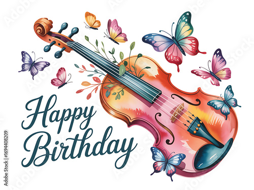 Watercolor illustration of violin and butterflies with happy birthday text isolated on white background
