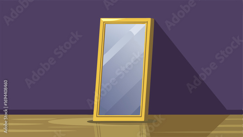 A goldframed full length mirror leaning against a wall.