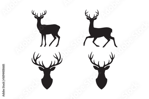 Silhouettes of deer and deer heads in black and white