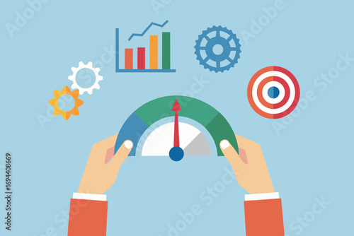 Hands holding a performance meter with business growth chart gears and target icons representing success and efficiency