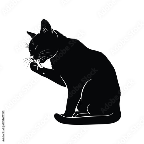 Elegant black cat silhouette grooming its paw with meticulous detail clean vector