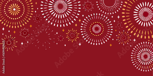 Festive abstract background with exploding fireworks and sparkling stars on a deep red backdrop