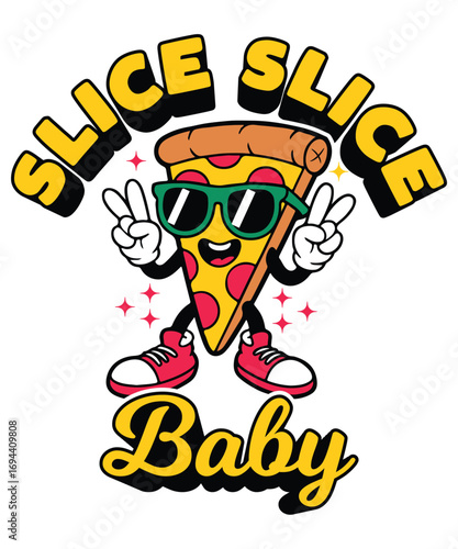 Funny Cartoon Pizza Slice Mascot Vector Cool Food Character with Sunglasses and Sneakers for Kids Menu or T-Shirts