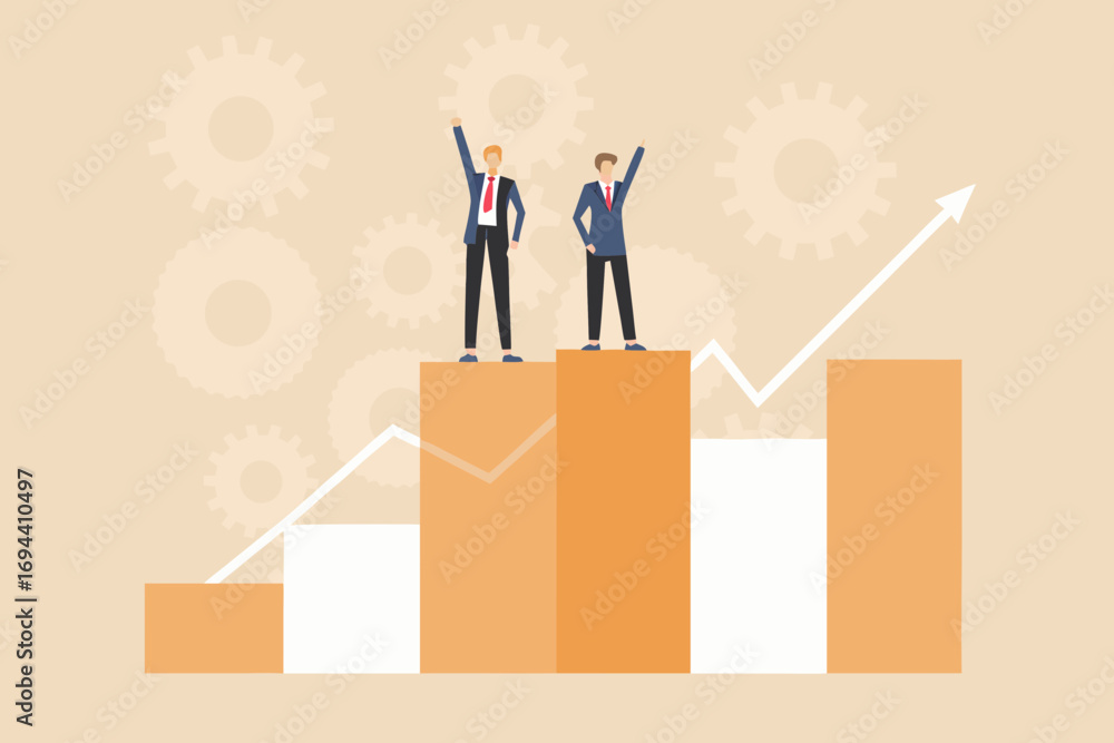 Obraz premium Two businessmen celebrating success standing on a bar chart with upward trending graph and gears in background