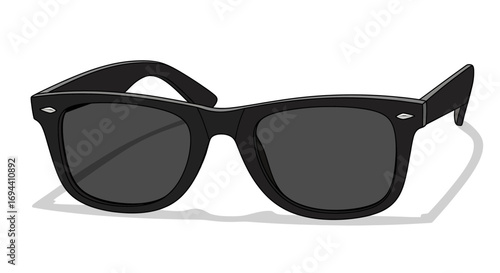 Classic black sunglasses, square frame, dark lenses, isolated on white.