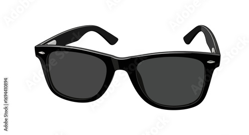 A pair of black wayfarer-style sunglasses with dark lenses, isolated on a white background.