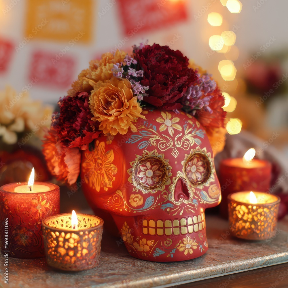 Fototapeta premium Photorealistic altar detail showing a hand-painted sugar skull framed by marigold flowers and candles. Traditional Day of the Dead offering in warm tones, clean background
