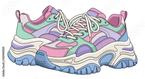 Two pastel-colored chunky sneakers are displayed, featuring pink, purple, and mint green hues with white laces and thick, layered soles.