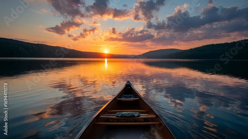 Sunset over calm mountain lake with canoe