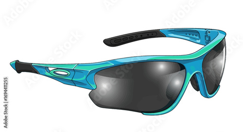A pair of blue and teal sports sunglasses with dark lenses are angled against a white background.