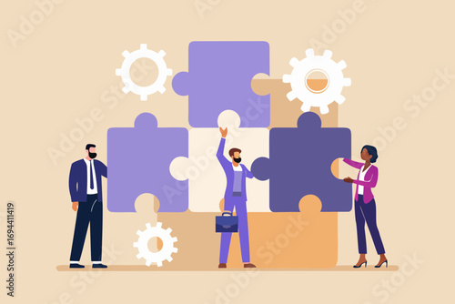 Diverse business team collaborating to assemble puzzle pieces and gears symbolizing teamwork and strategy