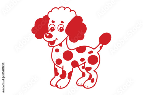 Playful cartoon poodle with red spots poses cheerfully against a white backdrop