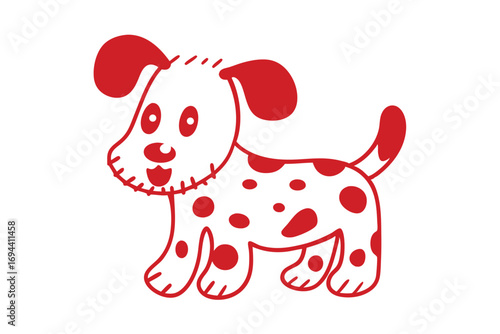 Playful cartoon spotted dog in red and white stands happily, outlined and simple