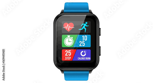 A close-up view of a smartwatch displaying fitness tracking data with a blue strap.