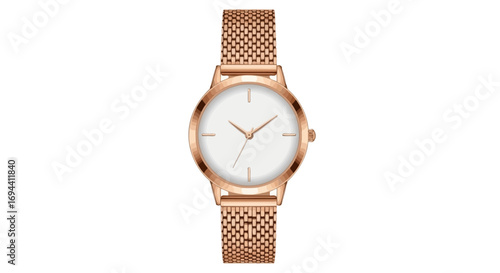 A rose gold wristwatch with a white face and mesh band, displayed in a studio shot.