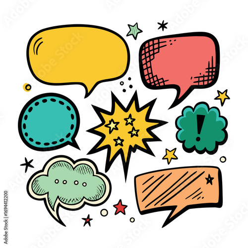 speech bubbles, stars, clouds, and decorative comic elements