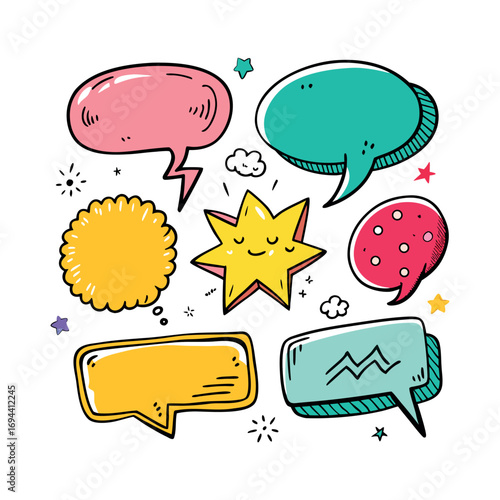 speech bubbles, stars, clouds, and decorative comic elements