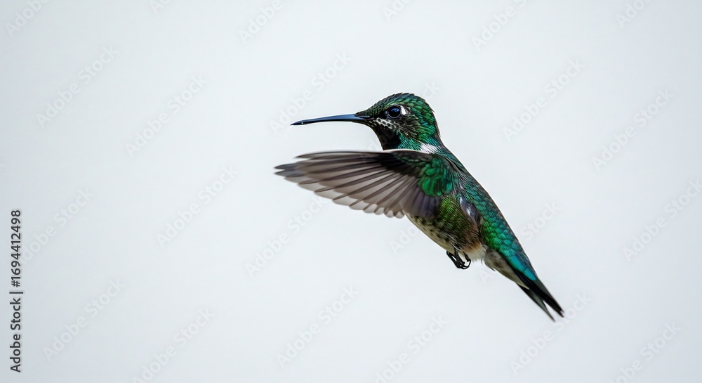 Fototapeta premium Colibri vert vif vole gracieusement lumiere douce fond blanc. AI Generated