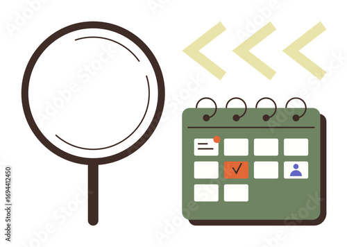 Magnifying glass beside green calendar with task highlight and back arrows. Ideal for research, focus, organization, planning, scheduling, time management, productivity. Simple flat metaphor