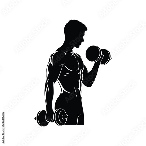 Silhouette of a muscular man lifting dumbbells fitness exercise workout strength training vector