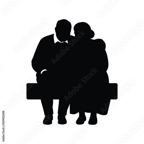 Silhouetted elderly couple seated together on bench cherishing moment vector