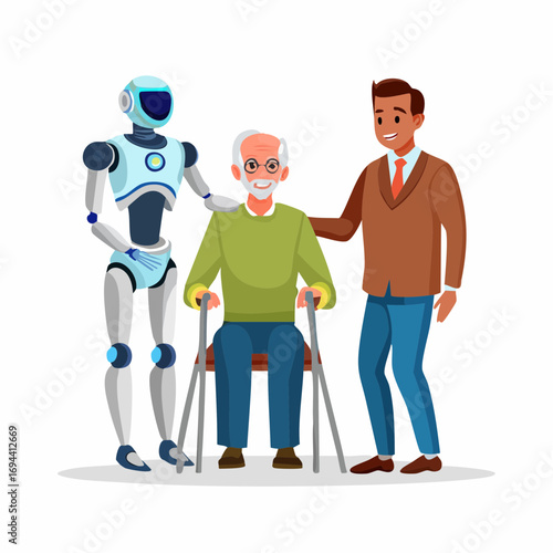 elderly man assisted by robot and human caregiver