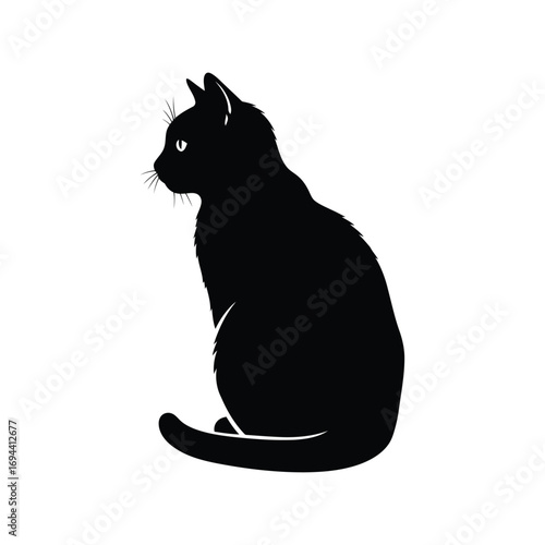 Elegant black cat silhouette sitting calmly side profile simple graphic vector