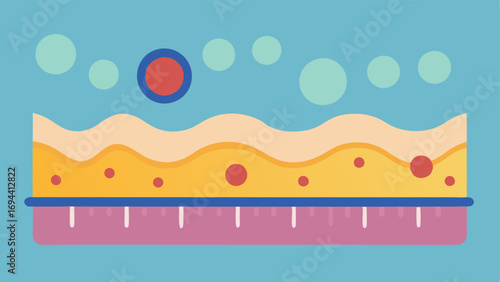 Elasticity Indicator A graphic showing a stretched skin layer with a ruler demonstrating measurement of elasticity improvement due to exosomes with exosomes represented as energy