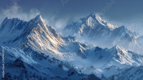 Wallpaper Mural Snow-Covered Mountains Bathed Light Peaks Partly Cloudy Sky Natural Light Torontodigital.ca